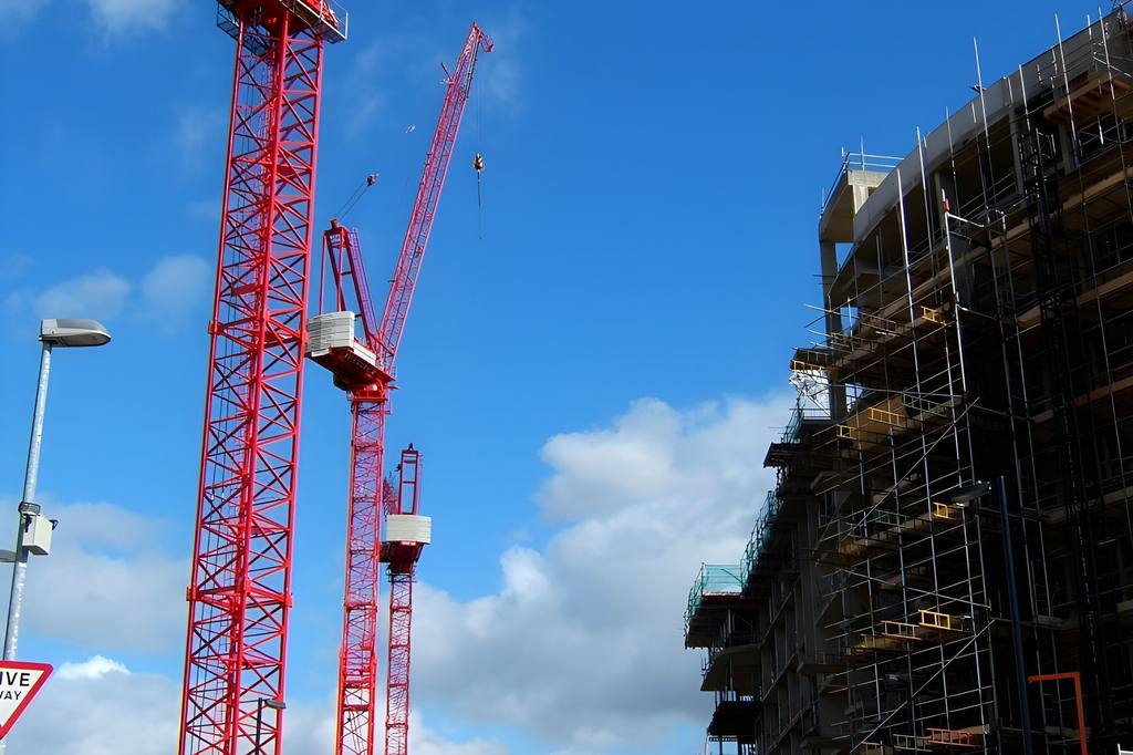 Red tower cranes beside a scaffolded building under construction in Islington, London